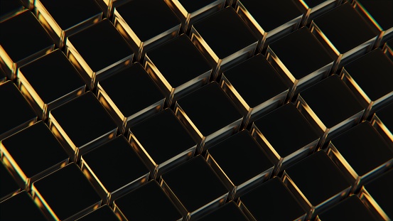 Detailed shot showing the texture and interlocking design of a metallic gold cubes mesh. 3d render