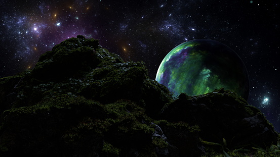 Verdant alien hill under a star-filled sky with a colossal, glowing planet rising behind. 3d render