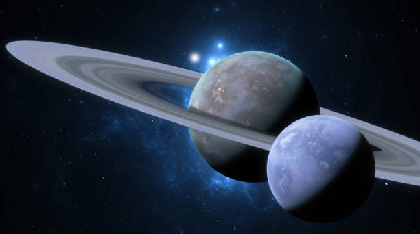 istock Two planets in close proximity with a starlit background, one with prominent rings. 3d render 2132267883