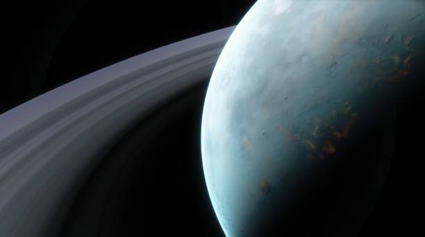 istock Large celestial body in foreground. Sweeping rings Saturn like planet extend outward, giving sense of planet grand scale against blackness of space. 3d render 2132268099