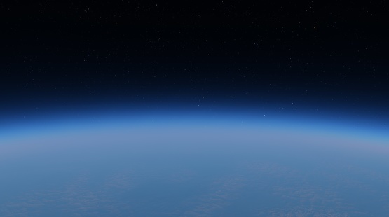 Earth curvature at edge of space under starry sky, showcasing planet thin atmosphere. 3d render