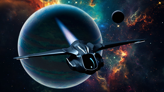 Sleek spaceship glides near a large blue planet against a backdrop of fiery nebulae and distant stars. 3d render