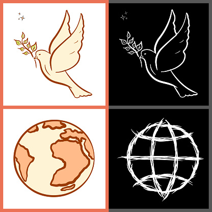 Dove of peace with olive branch & two different world / earth illustrations. Customizable vector graphics (Change the colors and the size, remove parts of the graphic you don't need or replace it with your own graphics. Hand drawn illustration. World peace symbol / No war sign / icon / web site decoration.