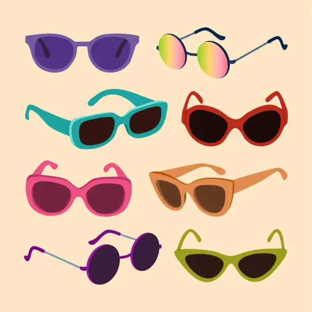 Vector illustration of Set of colorful sunglasses, different shapes. Fashion summer accessory.