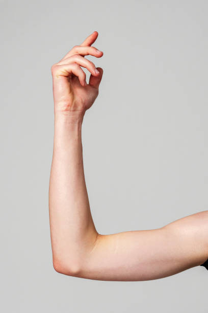 istock Elevated Bare Human Arm Bent at the Elbow Against a Neutral Background 2132324879
