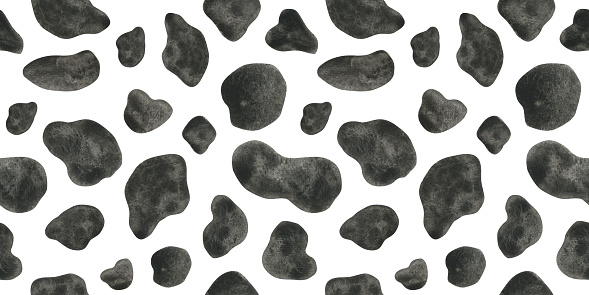 Cow skin imitation. Hand drawn watercolor seamless pattern. Spotted black and white print. Animal texture background for fabric, cards, covers, invitations,scrapbooking, packaging papers.