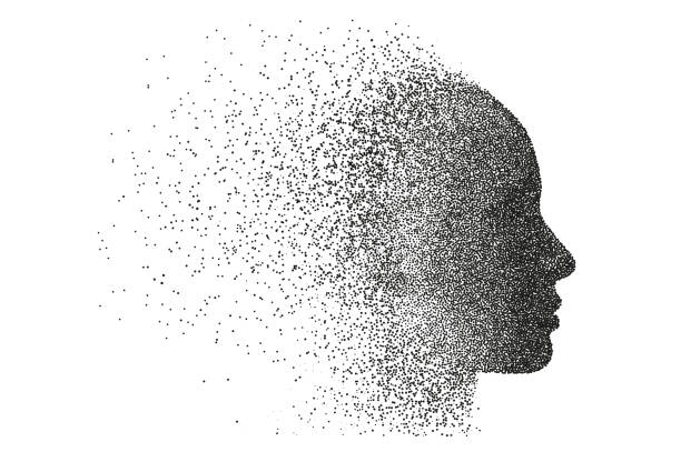 ilustraciones, imágenes clip art, dibujos animados e iconos de stock de silueta de cara de partícula vectorial. - deterioro