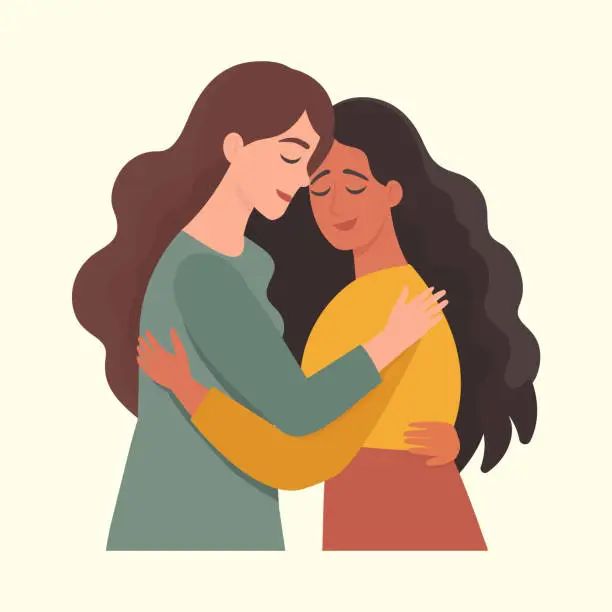 Vector illustration of Two cute girls hugging with lots of love. Support, sympathy. long awaited meeting. flat vector illustration.