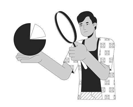 Data scientist magnifying glass black and white 2D illustration concept. Indian man with loupe holding chart cartoon outline character isolated on white. Strategy planning metaphor monochrome vector