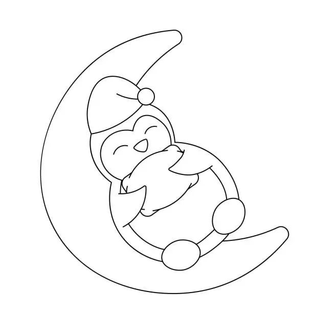 Vector illustration of Cute cartoon sleep Penguin on the moon in black and white