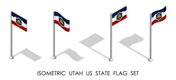 Vector illustration of Isometric Utah US state in static position and in motion on flagpole. Utah map pin mark. 3d vector isolated on white background