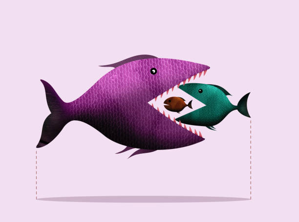 Big fish eats small, takeover of the company. Art collage.
