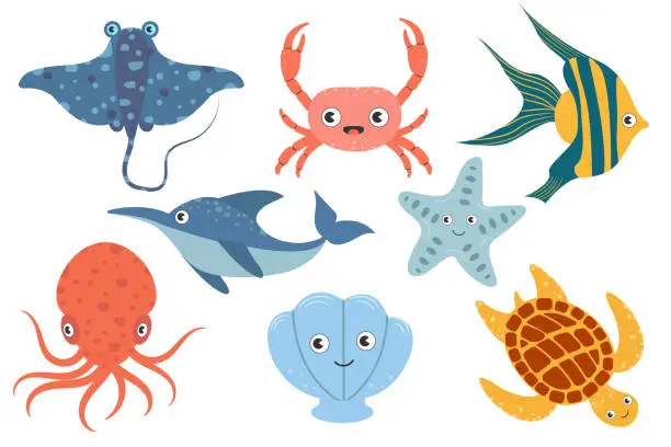 Vector illustration of Set with hand drawn sea life elements. Cartoon collection of sea and ocean inhabitants