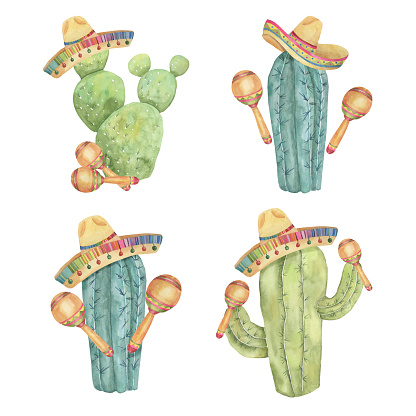 Cinco de Mayo four funny cacti hand drawn elements in watercolor. Colorful cactus with sombreros and maracas. Part of large Cinco de mayo set of clip arts for printing, cards, banners, packaging