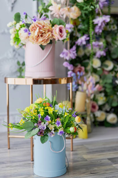 istock Boxes with flowers in Floral interior 2132377844