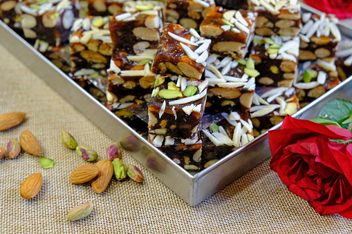 Milk powder barfi also known as Mava dryfruits burfi, white Khoya burfi or Barfee, Indian Sweet food.