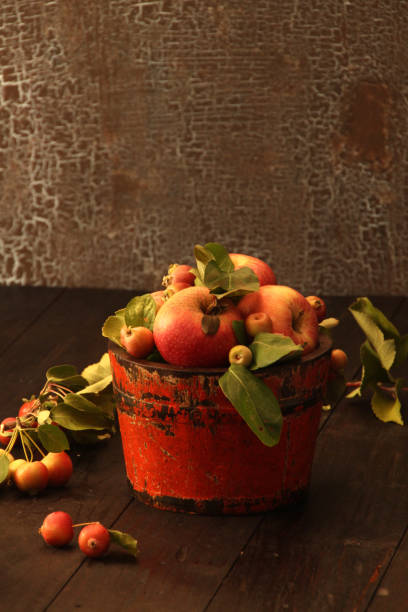 minimalist and modern still life with fruit and wooden jar