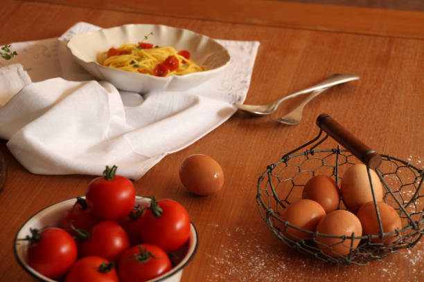 The food on table with two bowls and whisked egg