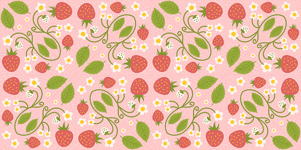 Strawberry-themed seamless pattern design featuring delightful berries, flowers, green leaves. Recurring surface design suitable for  clothing, textiles, wrapping paper, and various applications.