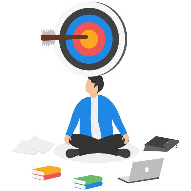 Vector illustration of Goal or target, focus and concentration to achieve success, purpose or objective, aiming at target bullseye, accuracy, challenge and aspiration, businessman hand hold target with arrow hit bullseye.