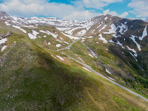 Aerial of the Sella Pass in the Dolomites, Italy.