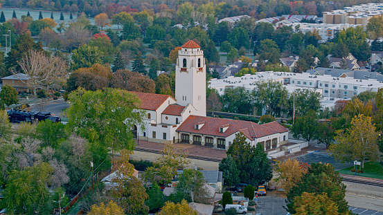 Aerial view of Boise Union Pacific Railroad Depot with old historical building in city at Boise, Idaho, USA