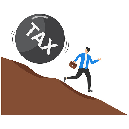 Tax payment deadline mistake or no financial planning for tax exempt investment concept, big heavy tax ball rolling down hill to depressed and panic businessman worker.
