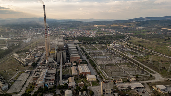 Aerial photo of an energy factory in Soma city of Manisa, a province of turkey, thermal reactor factory in Soma