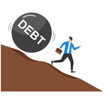 debt payment deadline mistake or no financial planning for tax exempt investment concept, big heavy debt ball rolling down hill to depressed and panic businessman worker.