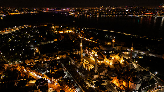 Aerial photo of Istanbul City Nighttime, the Hagia Sophia Mosque of Istanbul In Fatih District, the Bosphorus