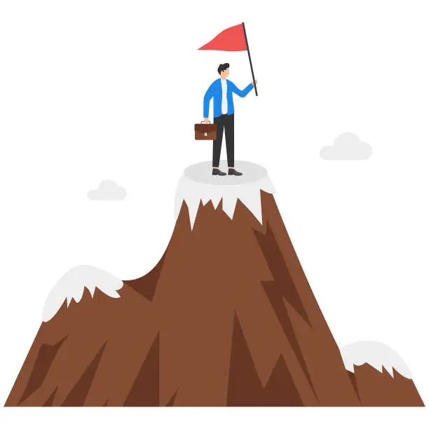 Vector illustration of Businessmen standing on the mountain top in winner pose vector illustration with flag rise. Business success symbol.