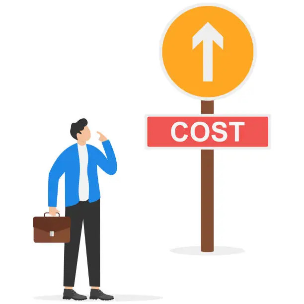 Vector illustration of Cost increase concept. Businessman looking at road sign cost rising up symbolizing business obstacle vector illustration