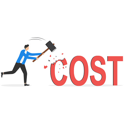 Businessman hammering text cost symbol illustration. Cost reduction concept vector illustration