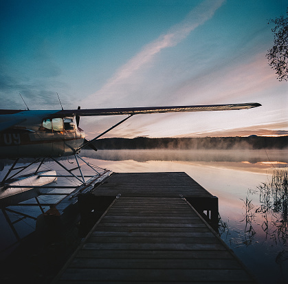 Alaskan Seaplane on Beautiful Lake at Sunset shot on a Hasselblad 501C with 40mm Lens