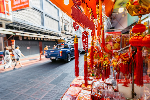 Chinese New Year decoration store in Chinatown in Bangkok in Thailand.