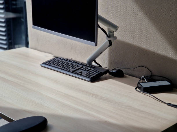 istock plastic flexible tunnel for cables from the floor socket connected by one transparent pipe and there is no danger of tangling data and power cables and the transformer for the computer led monitor 2132473792