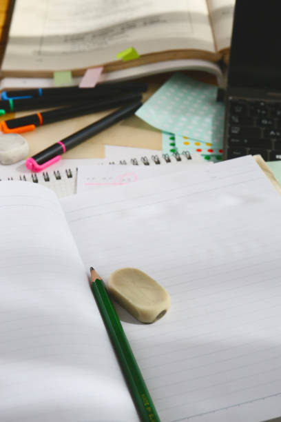 white paper notebook, eraser and pencil, studying background