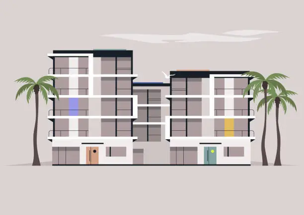 Vector illustration of Tropical Elegance, Modern Condo Complex Amidst Palms, Sleek modern condominiums nestled between towering palm trees under a serene sky