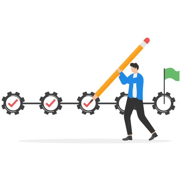 Vector illustration of Project tracking, goal tracker, task completion or checklist to remind project progress concept, businessman project manager holding big pencil to check completed tasks in project management timeline.