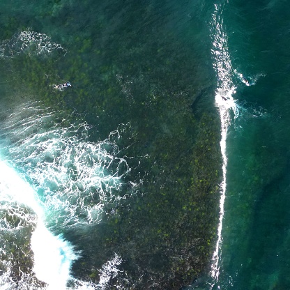 Ocean waves hitting rocks near green water