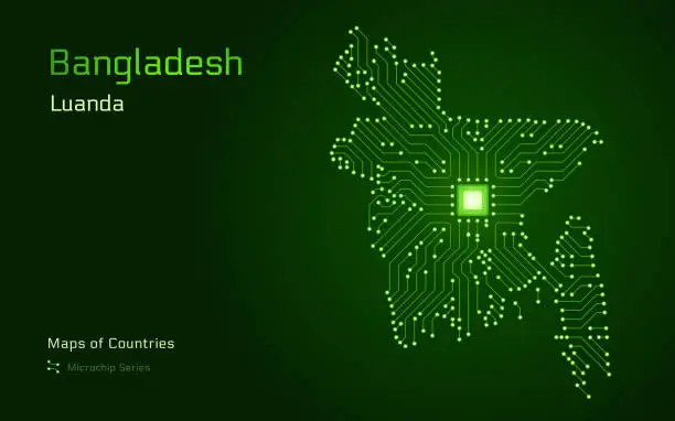 Vector illustration of Bangladesh Map with a capital of Dhaka Shown in a Microchip Pattern with processor.
