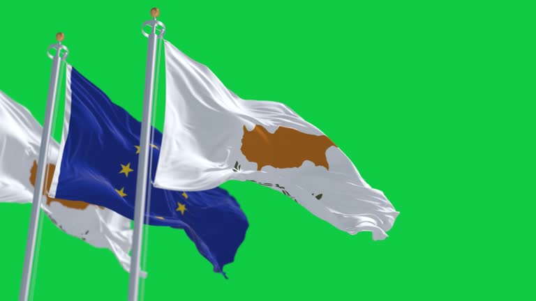 Cyprus national flag waving with the European Union flag isolated on green background