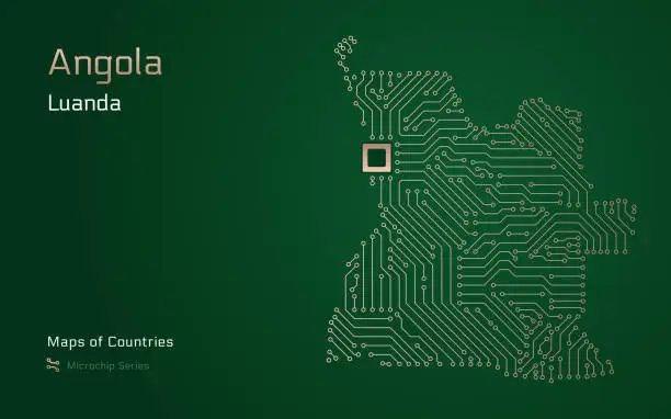 Vector illustration of Angola Map with a capital of Luanda Shown in a Microchip Pattern with processor. E-government.