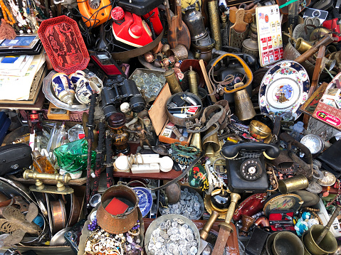 Athens, Greece - February 12, 2024:Antiques for sale at street market in Monastiraki district