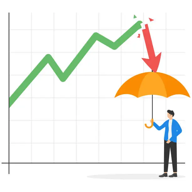 Vector illustration of Protect from stock market crash, insurance to protect from risk or uncertainty, investment margin of safety concept, businessman investor holding strong umbrella ready for downturn arrow graph.