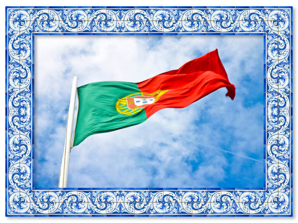 Portugal flag view from below waving against a blue sky - Azulejos frame concept