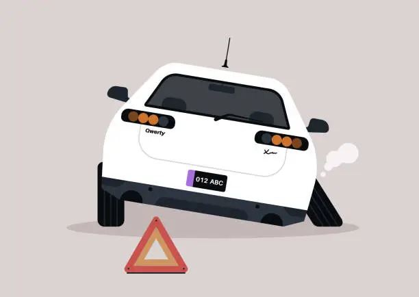 Vector illustration of Stranded Vehicle With Emergency Triangle on a Desolate Road, A car with a detached wheel by a roadside warning sign