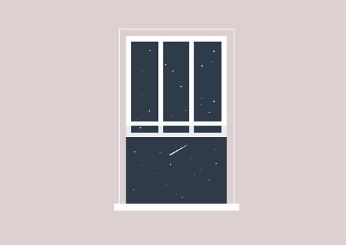 Cosmic sky Through the Pane, Glimpses of shooting stars dart beyond a calm window view