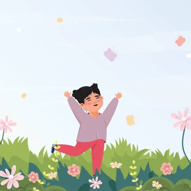 Vector illustration of Happy girl dancing outside in the lawn, butterflies around her