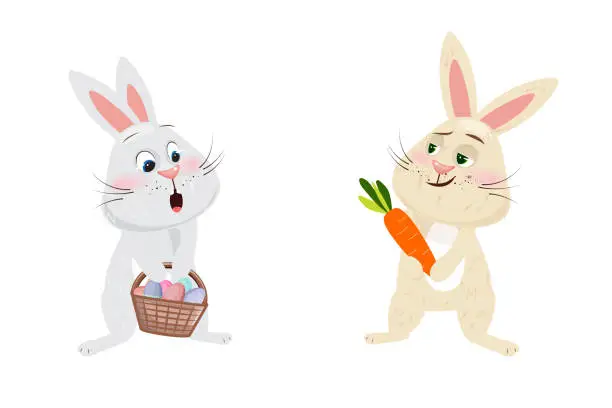 Vector illustration of Easter Bunny holding a basket filled with easter eggs and looking envy and surprised at another cool bunny with a carrot

One bunny with basket filled with colorful Easter eggs, looking surprised and envy on another bunny holding proudly a carrot